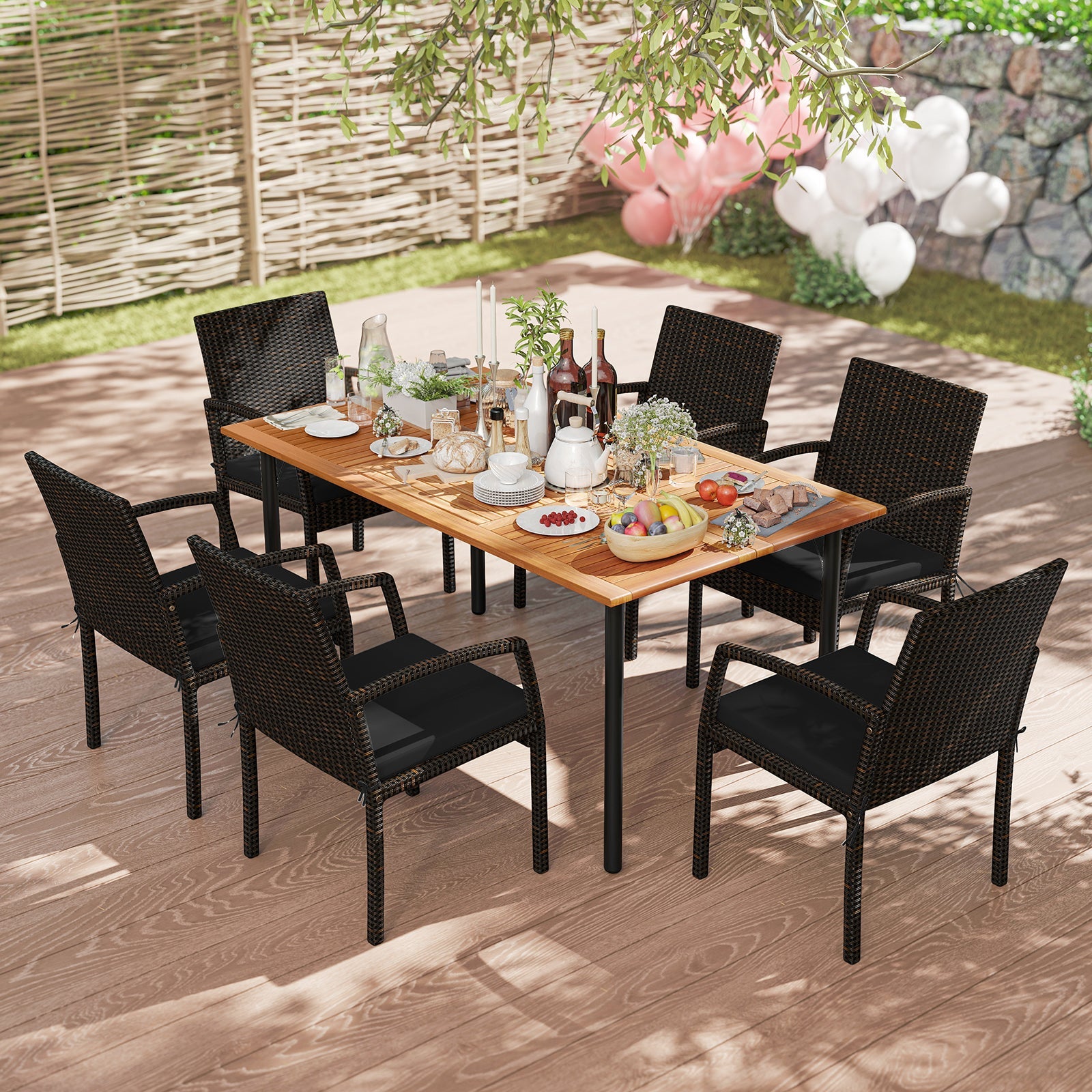 7 Pieces Outdoor Dining Set Acacia Wood Table with Umbrella Hole and Cushions