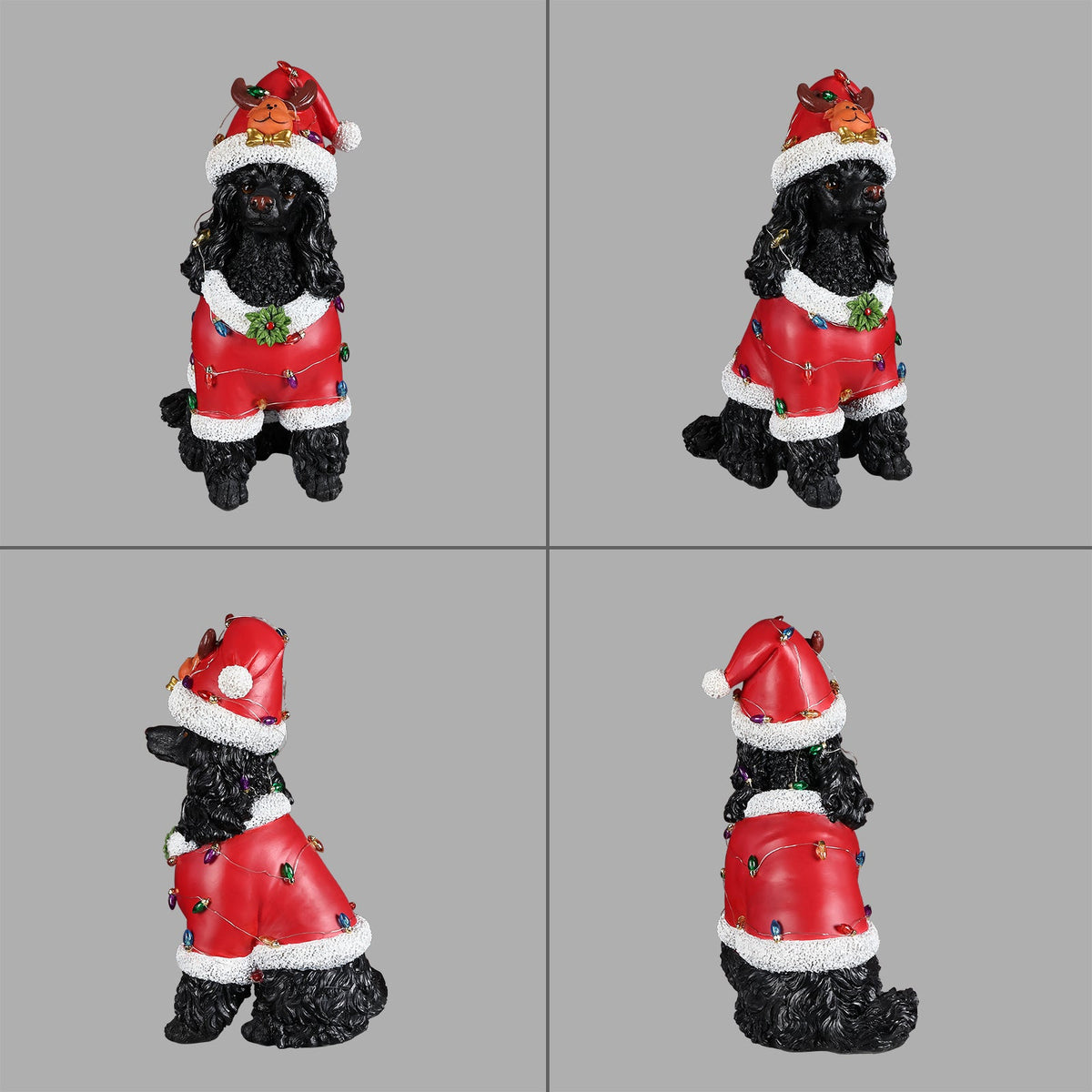Festive Black Poodle Christmas Statue with Santa Outfit - Black+Red
