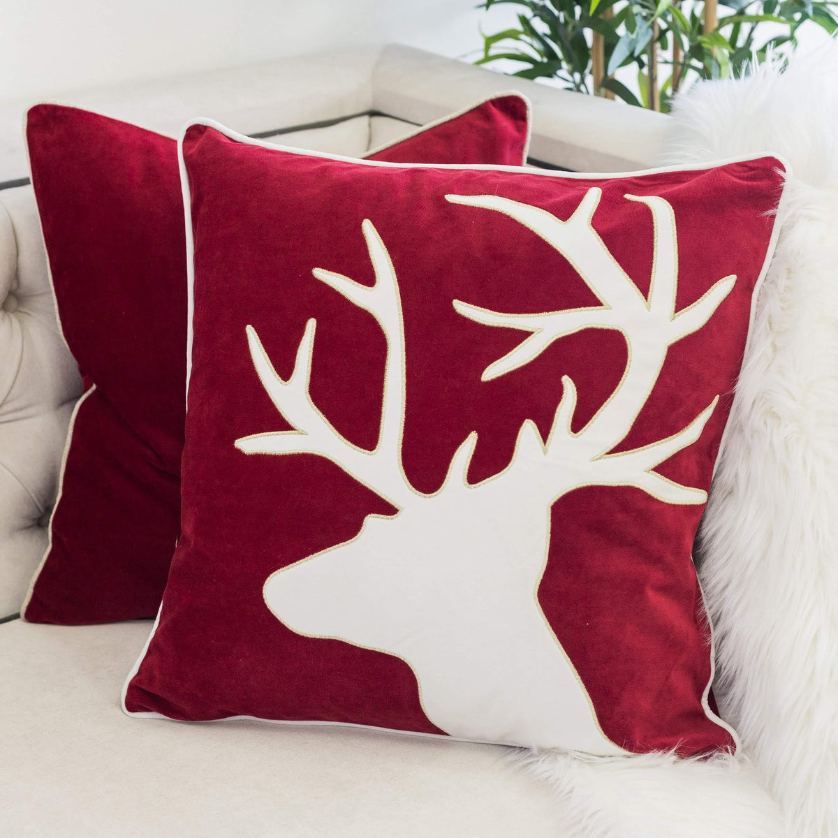 Holiday Reindeer Velvet Accent Pillow with Insert - Red and White