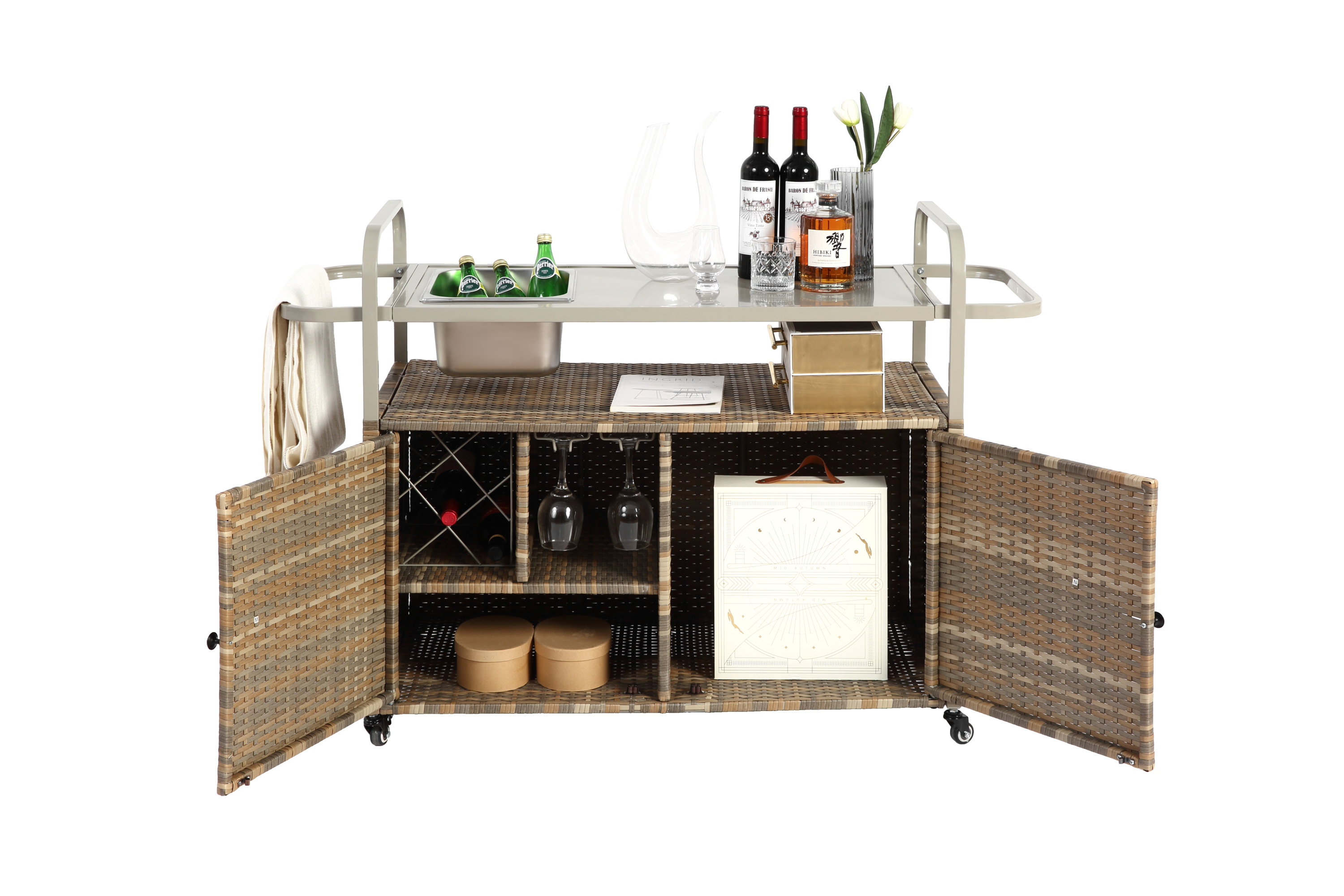 Outdoor Bar Table with Wicker Cabinet and Steel Top