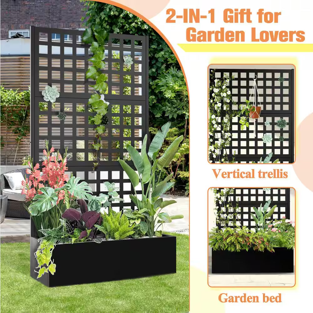 35 In.L X 16 In.W X 71 In.H Metal Raised Garden Planter Box W/Trellis-Black Rectangle Pot for Climbing Plants, Cucumbers