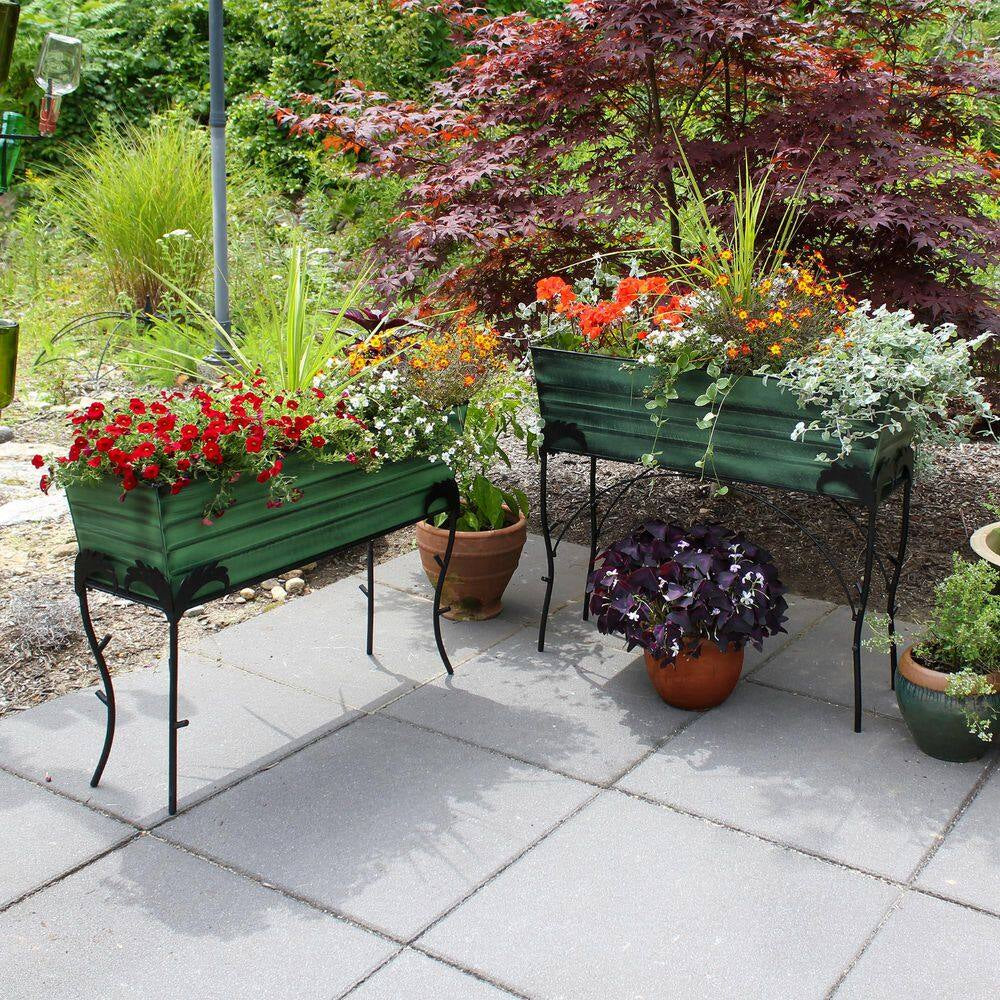 25.75 In. H Rectangular Classic Green Galvanized Steel Large Flower Box W/ Black Wrought Iron Flora Stand