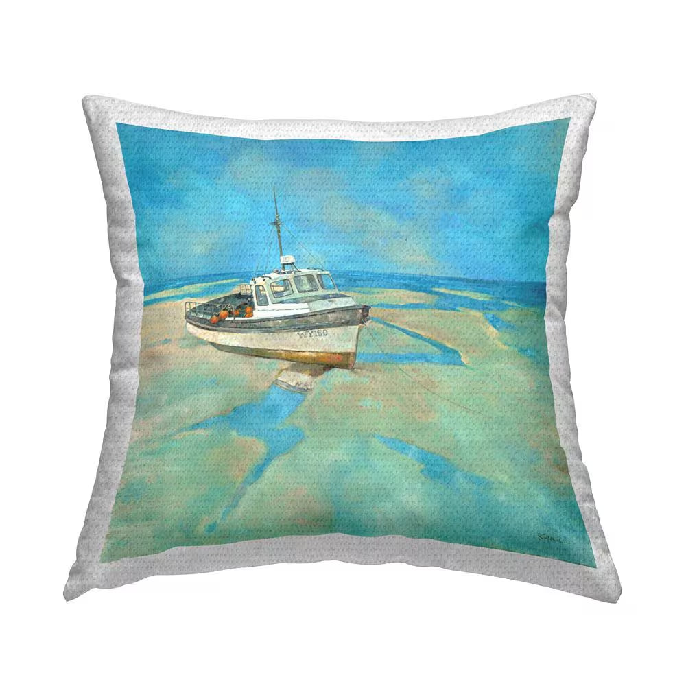 Low Tide Watercraft Boat Beach Blue Square Outdoor Throw Pillow