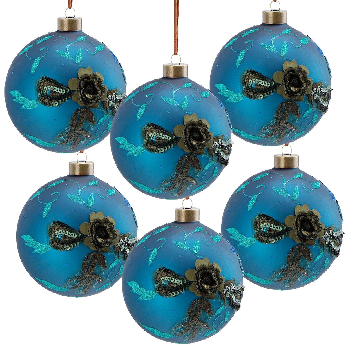 Light Blue Glass Christmas Ball Ornaments with Glitter Details - Set of 4 or 6