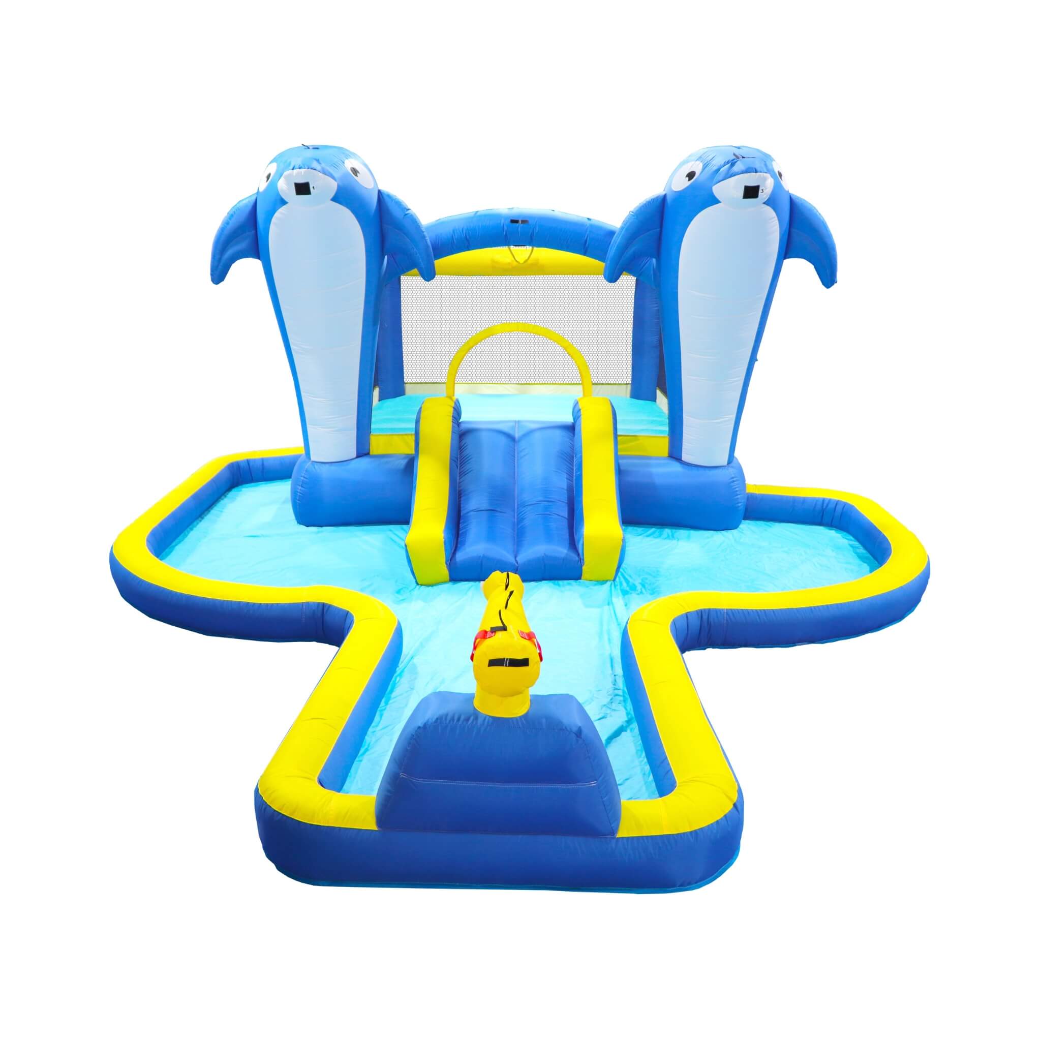 8-In-1 Inflatable Water Park Bounce House with Sprinkler, Water Gun, And Basketball Hoop