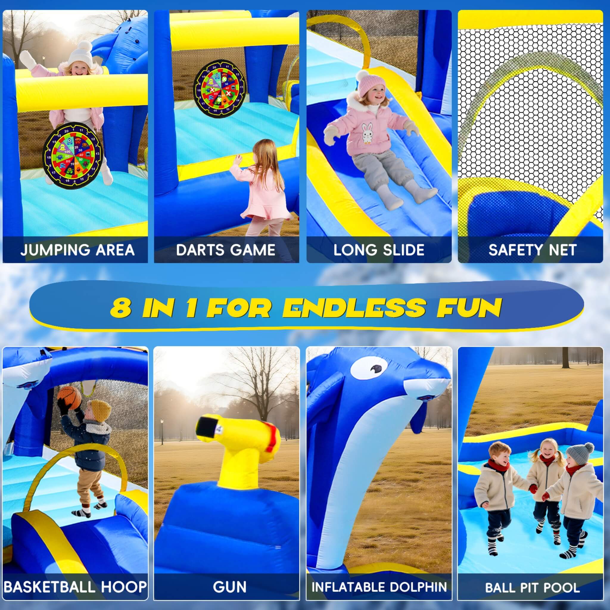 8-In-1 Inflatable Water Park Bounce House with Sprinkler, Water Gun, And Basketball Hoop