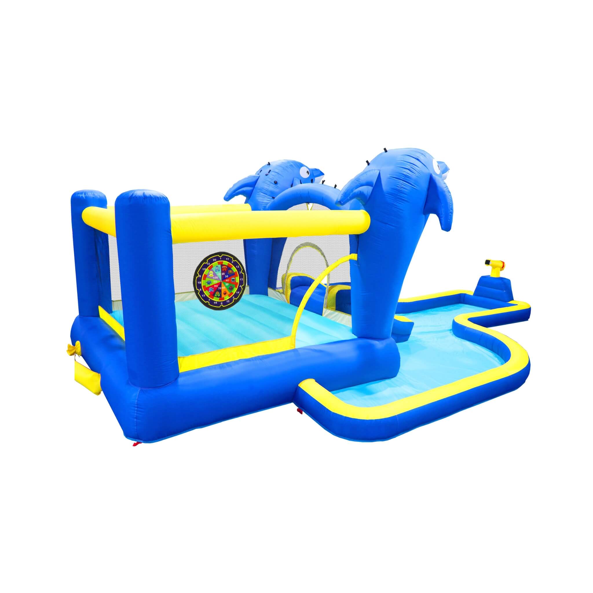8-In-1 Inflatable Water Park Bounce House with Sprinkler, Water Gun, And Basketball Hoop