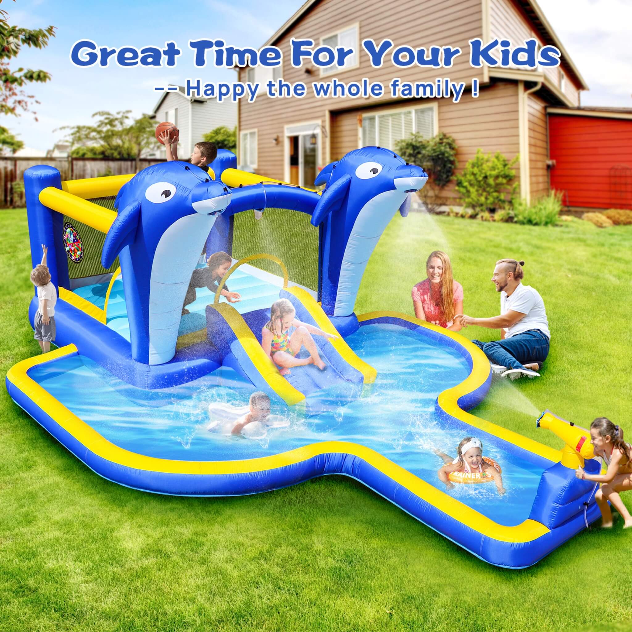 8-In-1 Inflatable Water Park Bounce House with Sprinkler, Water Gun, And Basketball Hoop
