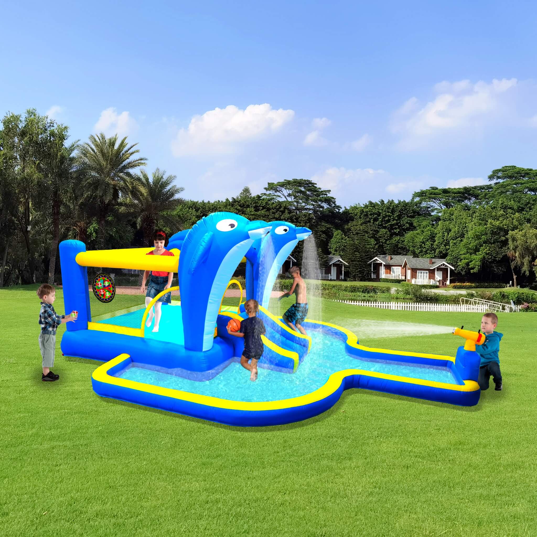 8-In-1 Inflatable Water Park Bounce House with Sprinkler, Water Gun, And Basketball Hoop