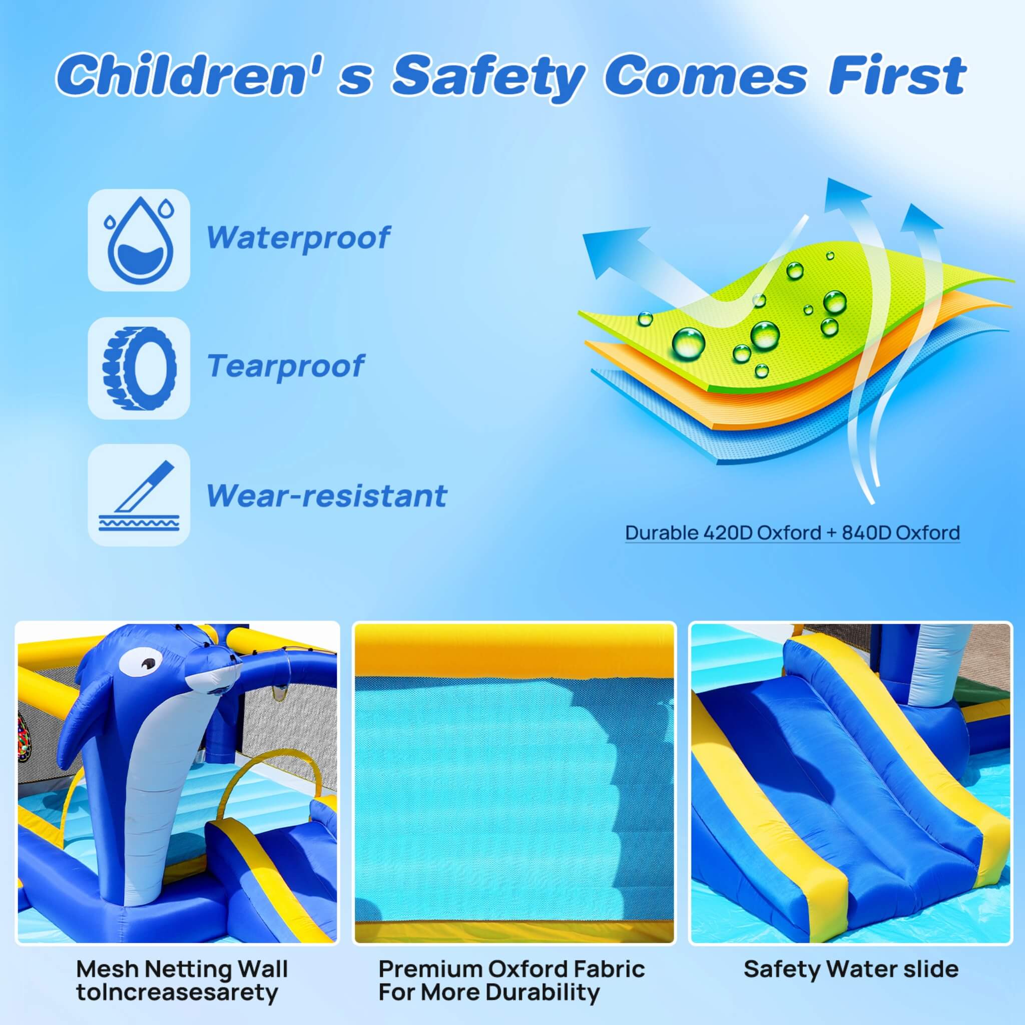 8-In-1 Inflatable Water Park Bounce House with Sprinkler, Water Gun, And Basketball Hoop