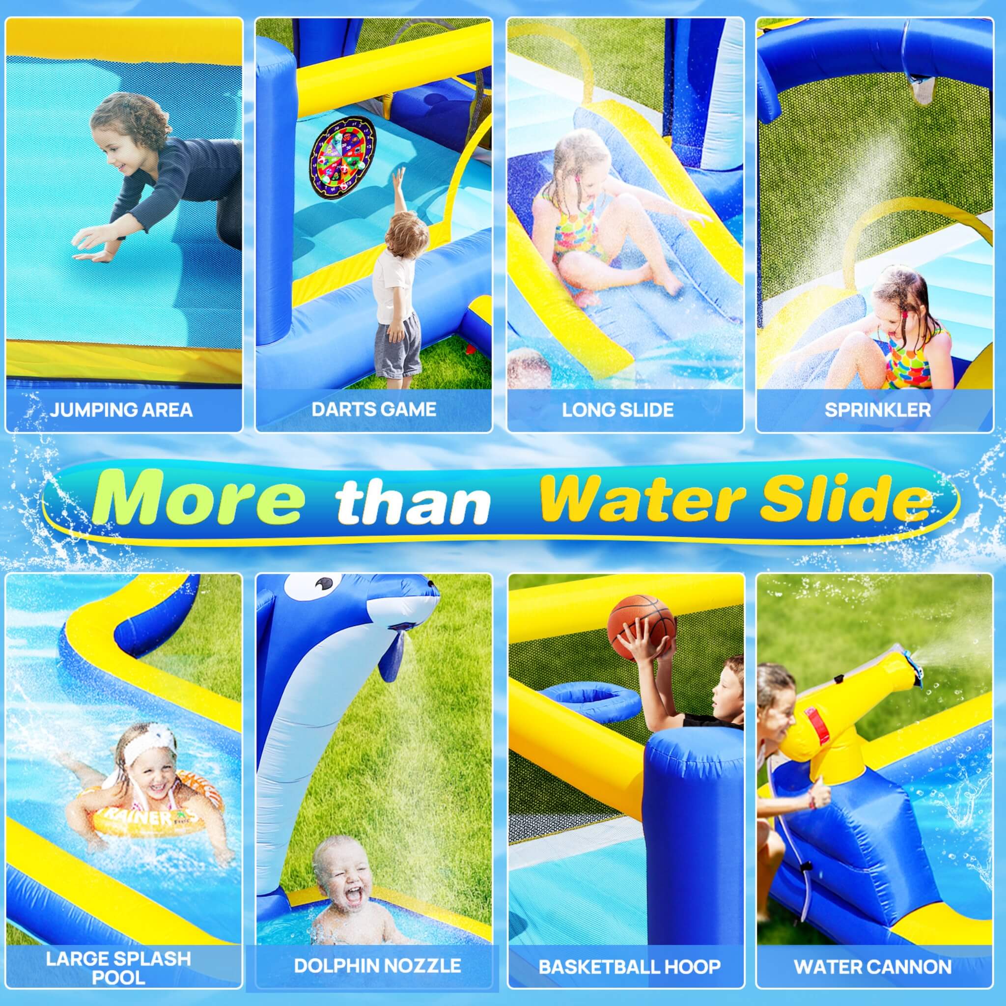 8-In-1 Inflatable Water Park Bounce House with Sprinkler, Water Gun, And Basketball Hoop