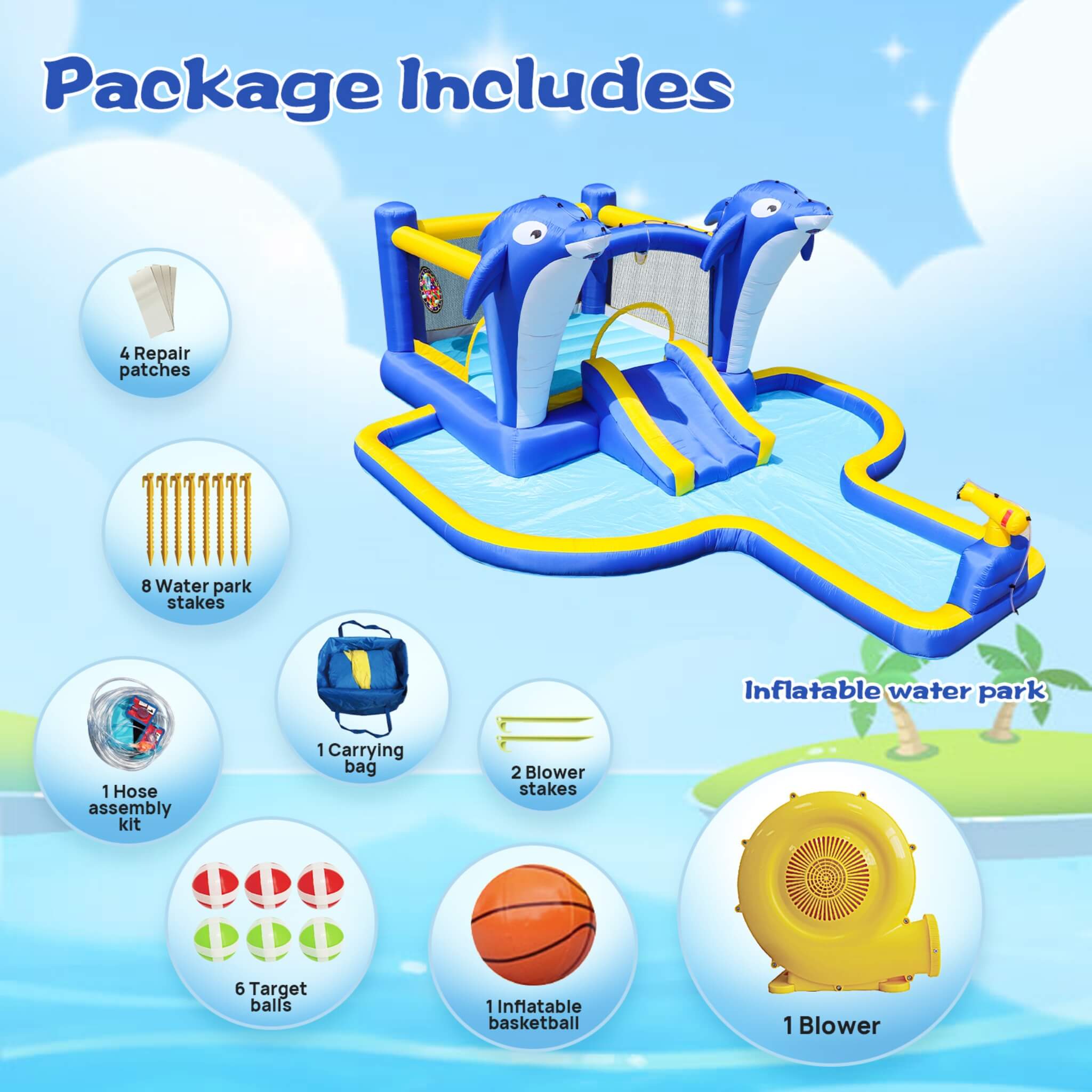 8-In-1 Inflatable Water Park Bounce House with Sprinkler, Water Gun, And Basketball Hoop