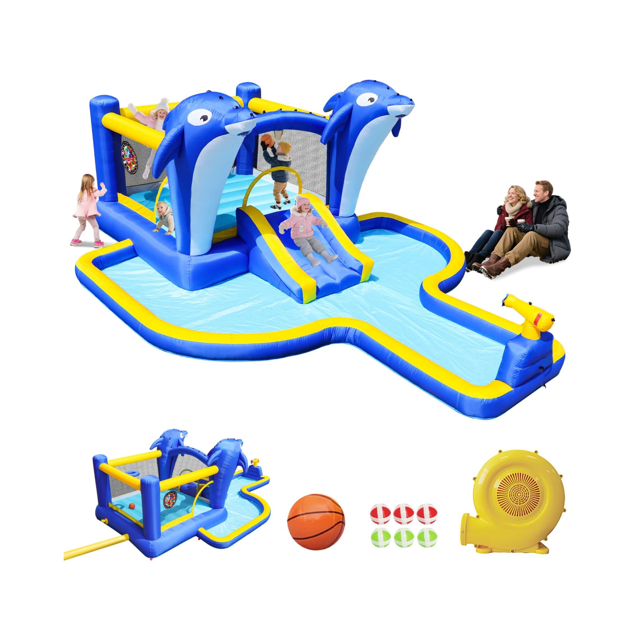8-In-1 Inflatable Water Park Bounce House with Sprinkler, Water Gun, And Basketball Hoop