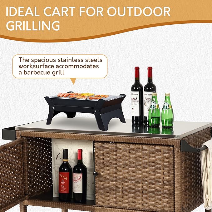 Wicker Outdoor Bar Cart with 4 Lockable Casters, Patio Prep Stainless Table with 2 Ratten Doors Storage Cabinet,Island Cart with WPC Shelf for Grill, Kitchen and Garden, Brown