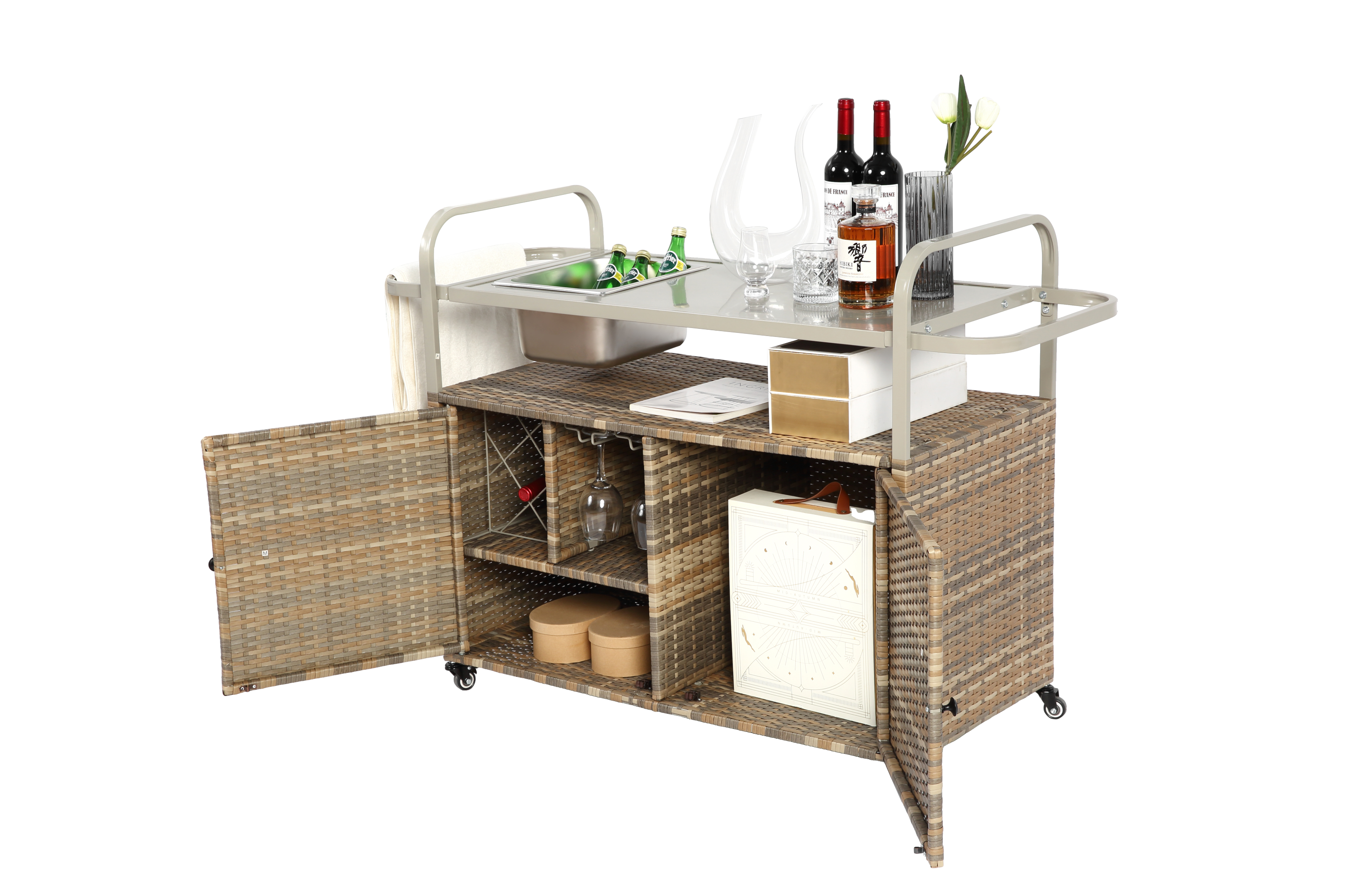 Outdoor Bar Table with Wicker Cabinet and Steel Top