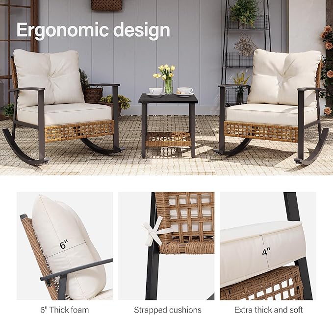 LAUSAINT HOME 3-Piece Rocking Bistro Set, Outdoor Patio Furniture with Thick Cushions and 2-Tier Coffee Table, Oversize Rattan Conversation Set for Garden, Balcony, Backyard (Beige)