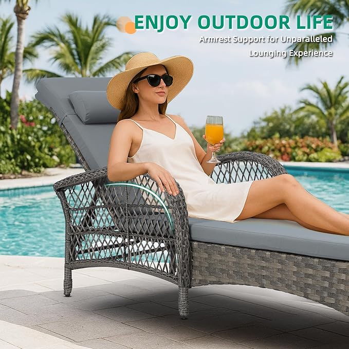 VIVIJASON 3 Pieces Outdoor Wicker Chaise Lounge Chair Set, All-Weather PE Rattan Cushioned Patio Lounger Set of 2 with Side Table, Adjustable Pool Sunbathing Recliner with Armrest & Pillow, Gray