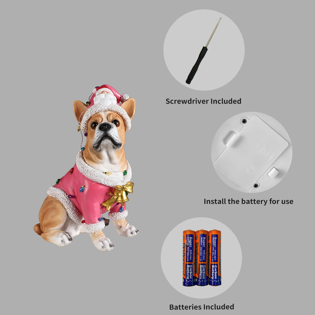 Christmas French Bulldog Statue with Pink Santa Outfit - Resin