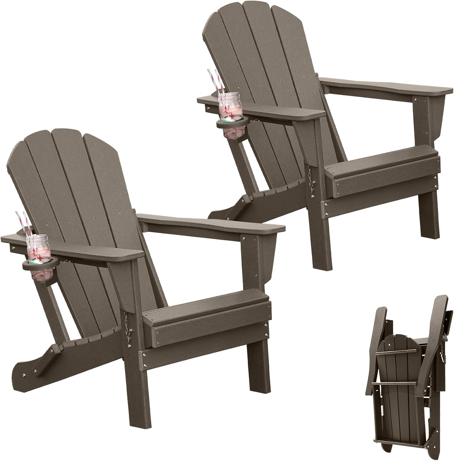 Adirondack Chairs Set of 2 with Cup Holder - Brown HDPE Outdoor Chairs