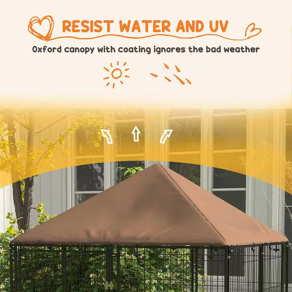 59.5 In. H Metal Garden Fence Outdoor Dog Kennel with Canopy and Rotating Bowl
