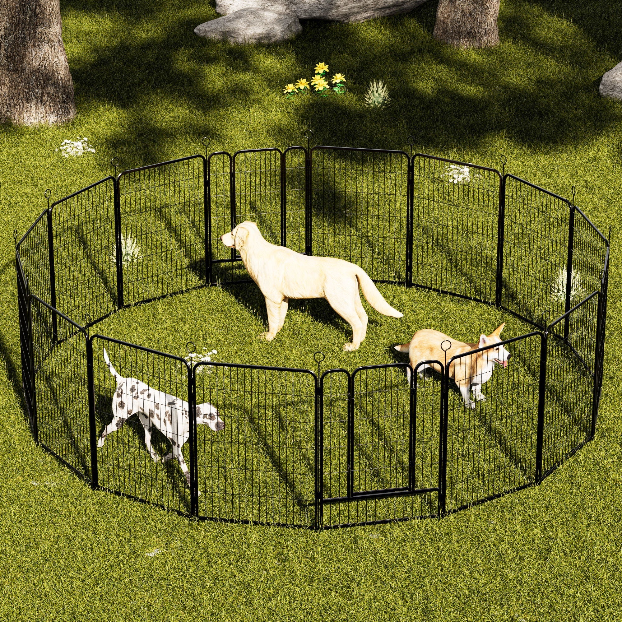 Dog Playpen, 16 Panels Pet Exercise Pen Indoor / Outdoor Fence With Anti Skid Base - Black