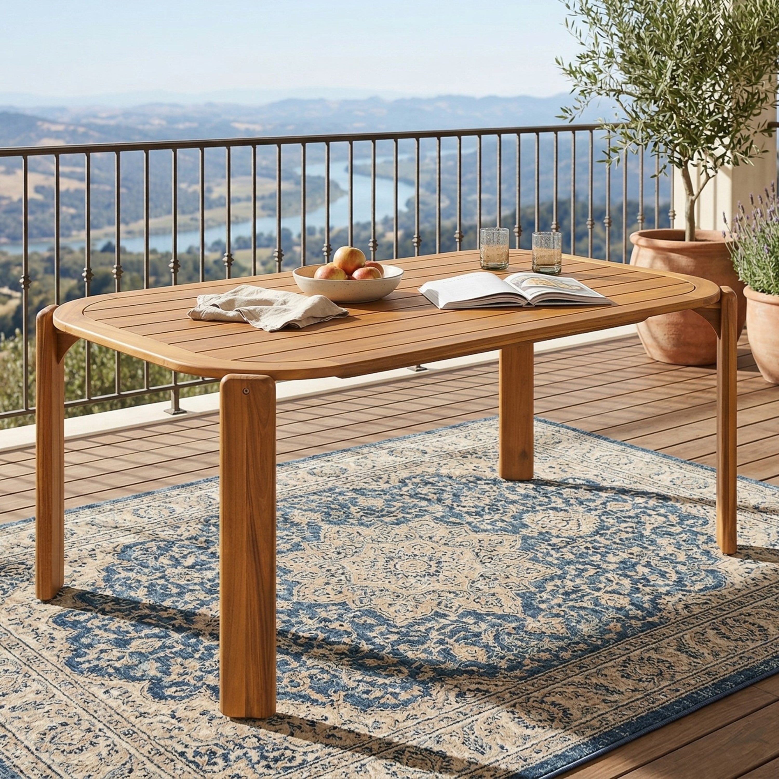 Kaja Outdoor Acacia Wood Dining Table, Teak Finish with Slat Design