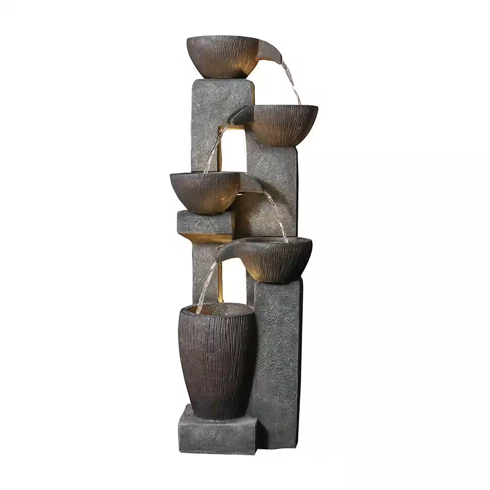 5-Tiers Outdoor Water Fountains with LED Lights, 39 In. Floor Standing Waterfall Fountains for Garden, Patio, Porch