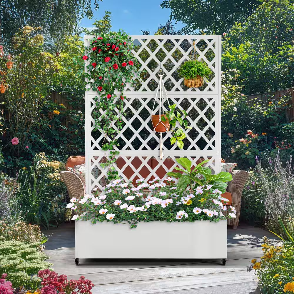 47 In. X 16 In. X 71 In. White Metal Raised Garden Planter Box with Trellis-Rust-Proof for Cucumbers and Climbing Plants