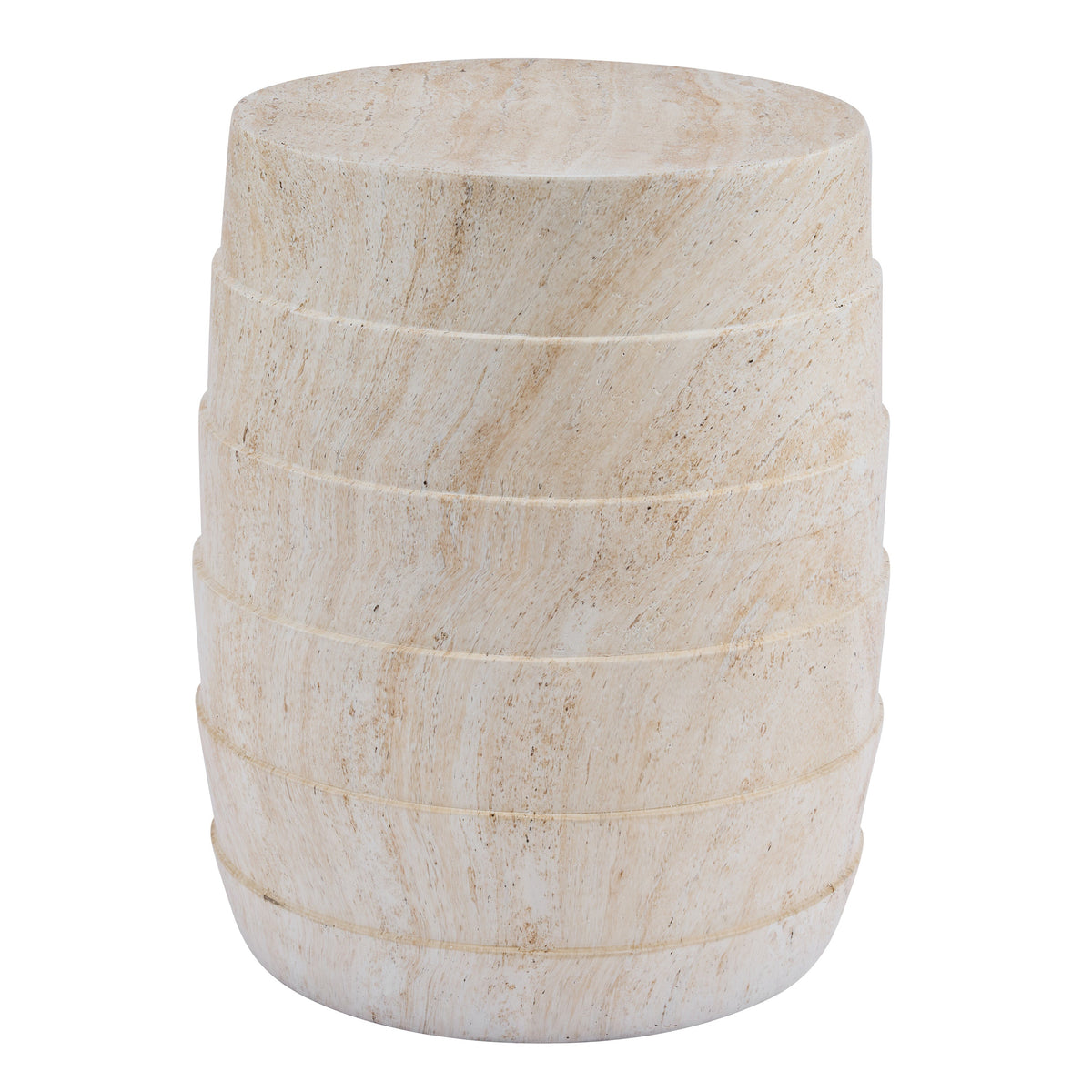 Modern Cylindrical Travertine-Look Outdoor Side Table with Ribbed Texture - Light Beige