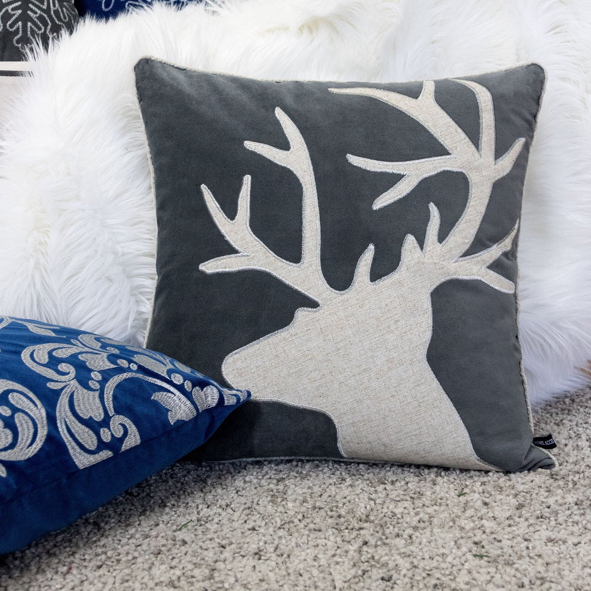Holiday Reindeer Velvet Accent Pillow with White Appliqué - Gray and White