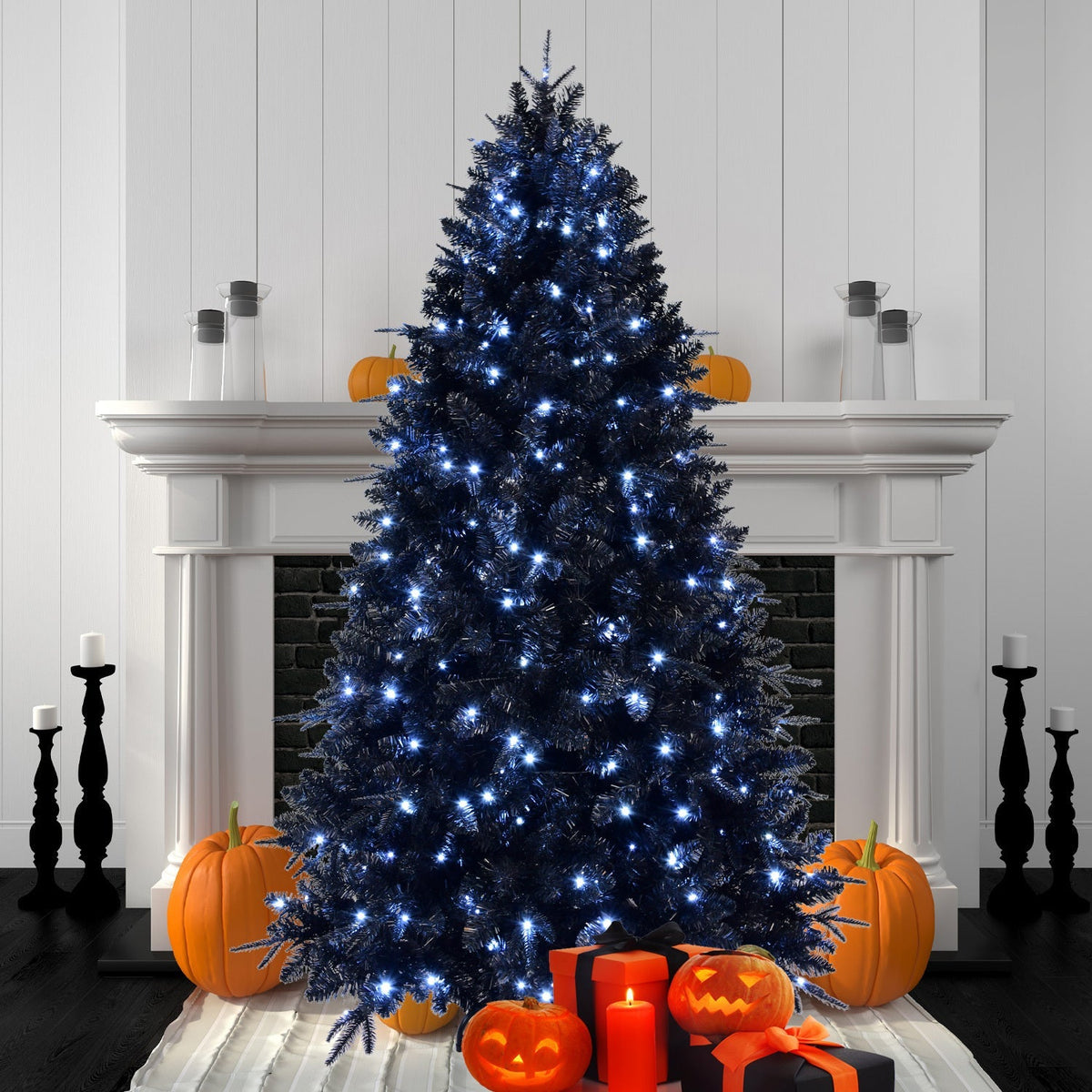 6-Foot Pre-Lit Black Christmas Tree with 350 LED Lights - Black