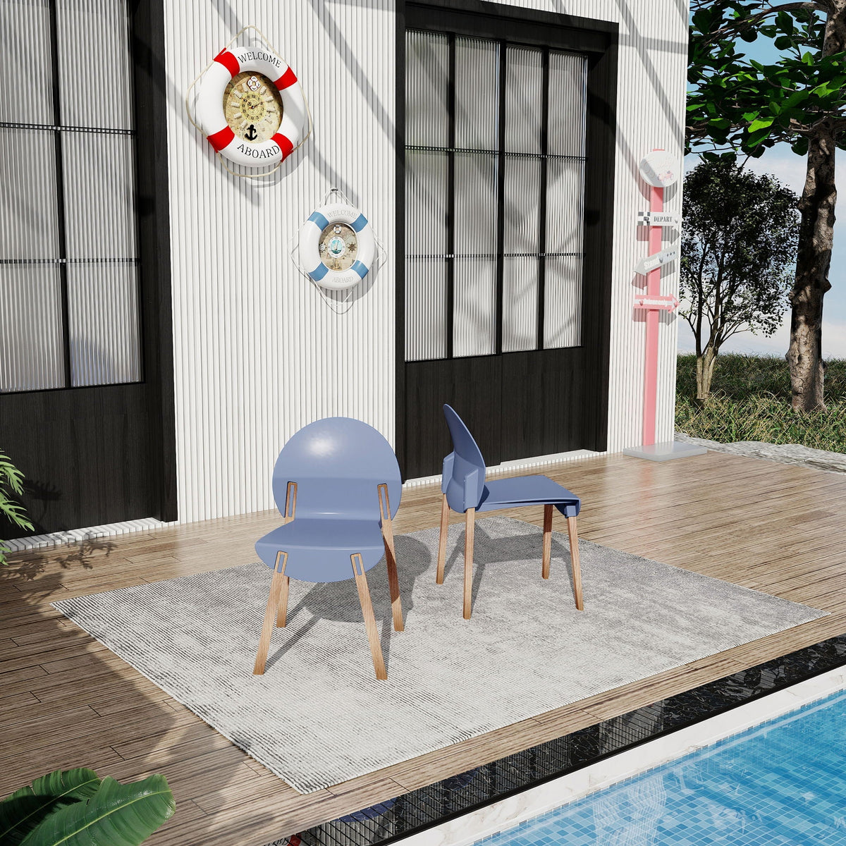 4 Piece Outdoor Chair Set with Waterproof Polypropylene Seats and Oak Legs - Blue, Orange, Red
