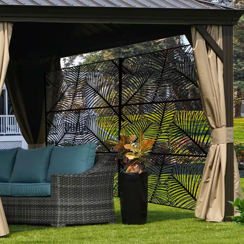 Powder Coated Galvanized Steel Privacy Screen 74 In. H X 47.2 In. W Decorative Fence with Stand (Black Palm Leaf)