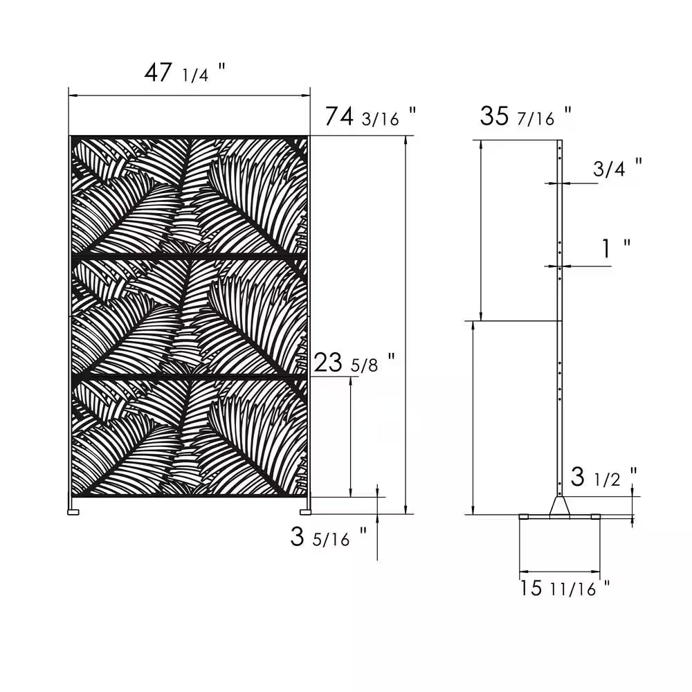Powder Coated Galvanized Steel Privacy Screen 74 In. H X 47.2 In. W Decorative Fence with Stand (Black Palm Leaf)