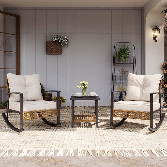 LAUSAINT HOME 3-Piece Rocking Bistro Set, Outdoor Patio Furniture with Thick Cushions and 2-Tier Coffee Table, Oversize Rattan Conversation Set for Garden, Balcony, Backyard (Beige)