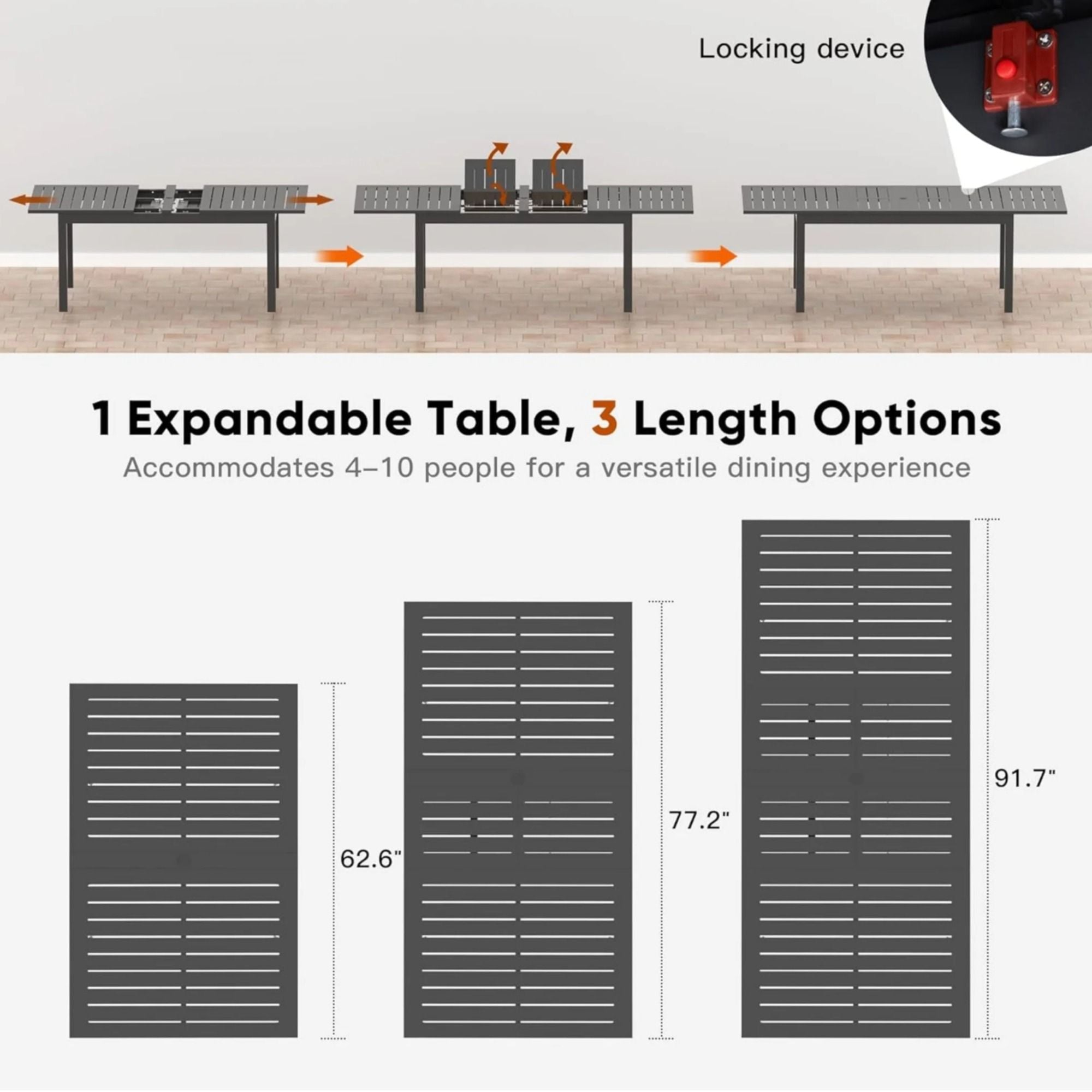Extendable Outdoor Dining Table, All Weather, Slatted Top, Rust Proof - Gray