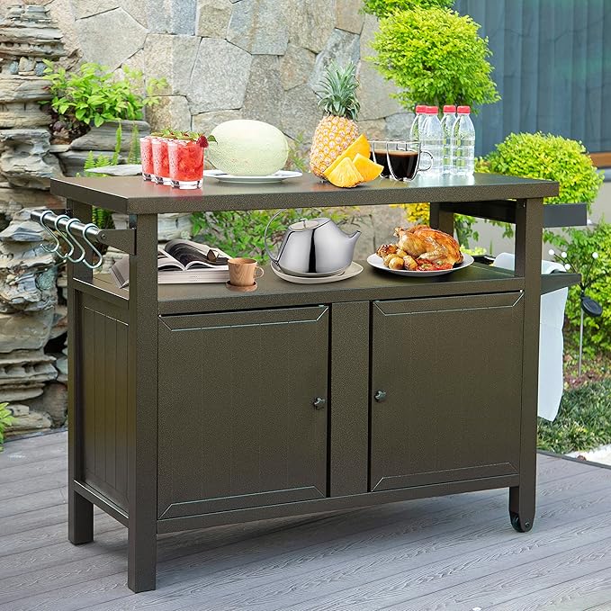 Domi Grill Carts Outdoor with Storage and Wheels, Whole Metal Portable Table and Storage Cabinet for BBQ,Deck,Patio,Backyard (Brown, L45xW20.31xH35.51 Inch)