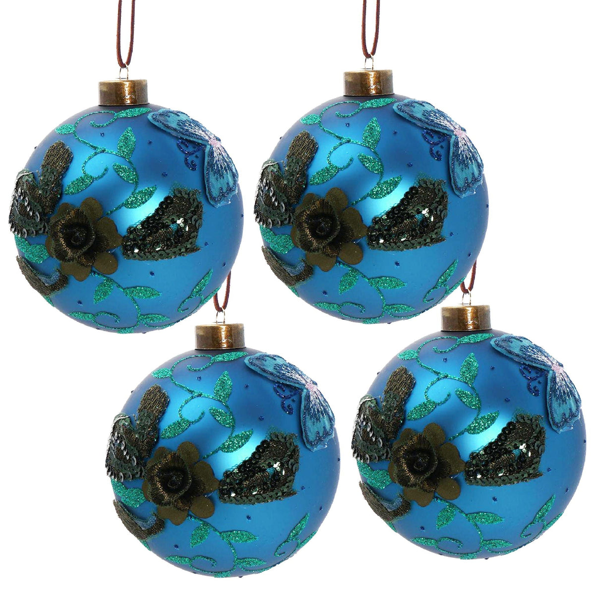 Light Blue Glass Christmas Ball Ornaments with Glitter Details - Set of 4 or 6