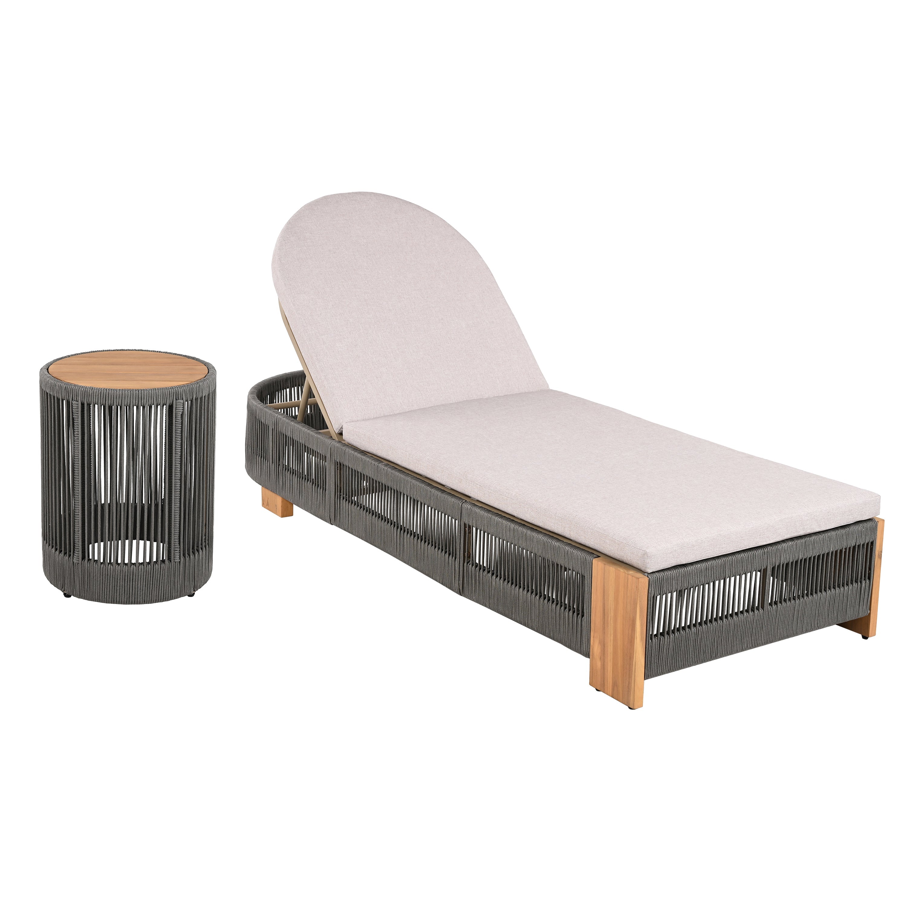 Outdoor Rope Chaise Lounge Set with Teak Look Side Table