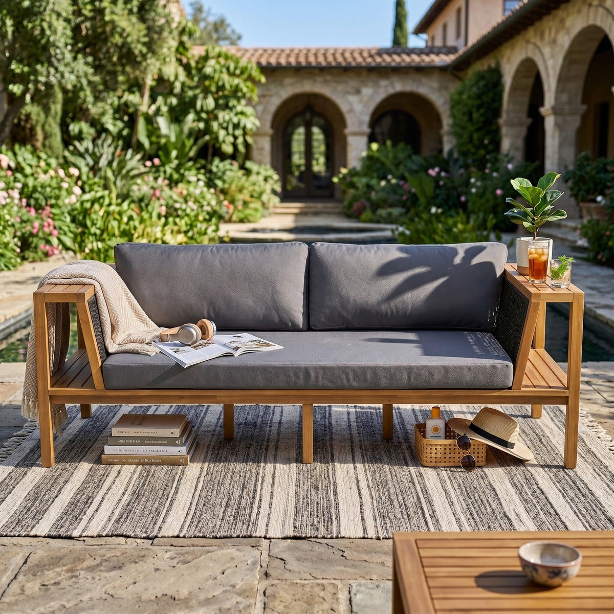 Teak Finish Acacia Wood Outdoor Daybed Sofa Set with