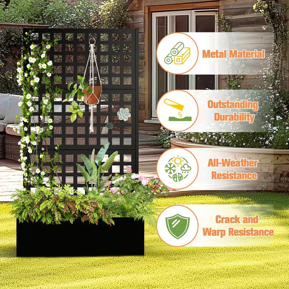 35 In.L X 16 In.W X 71 In.H Metal Raised Garden Planter Box W/Trellis-Black Rectangle Pot for Climbing Plants, Cucumbers