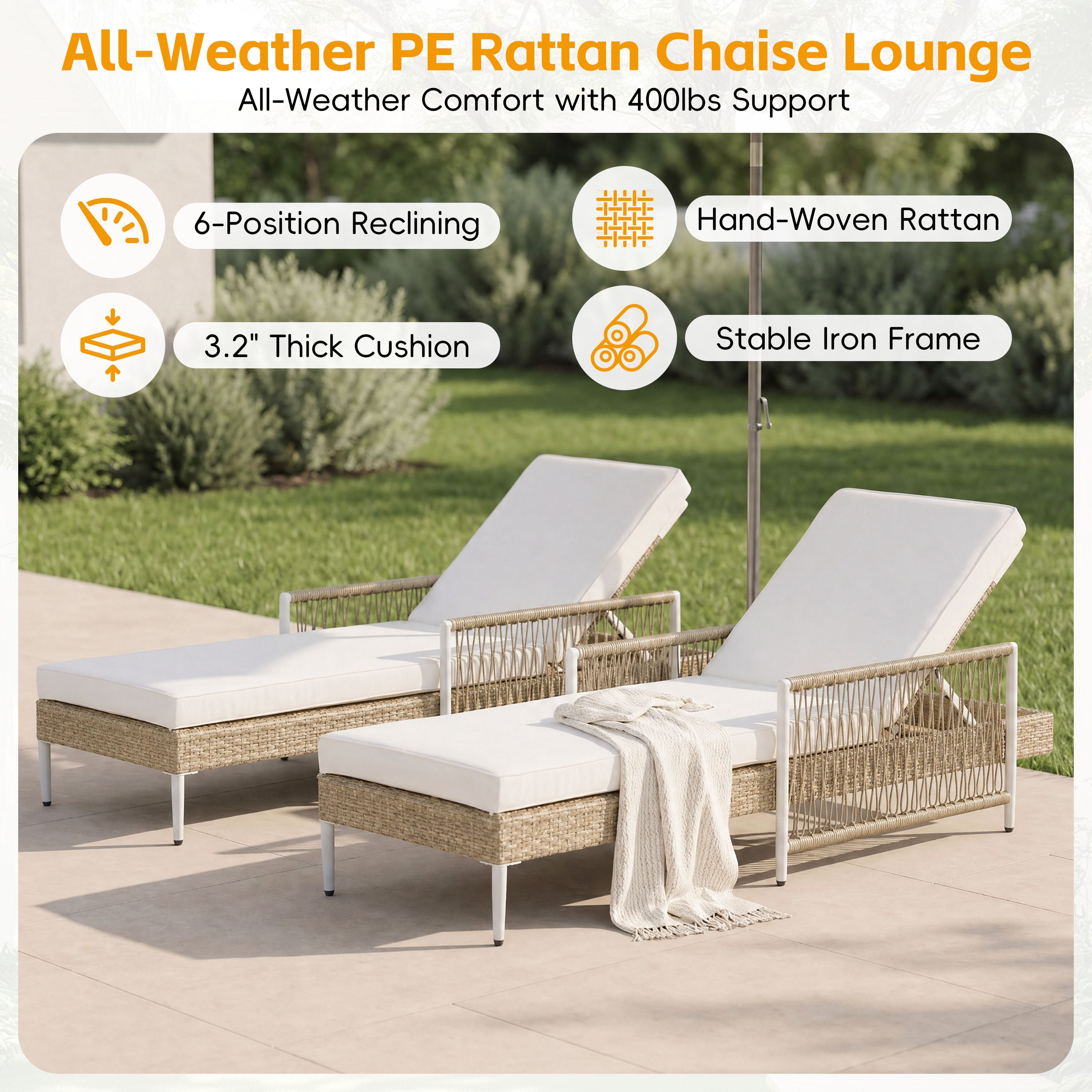 TOPMAX Outdoor All-Weather PE Rattan Chaise Lounge Set of 2