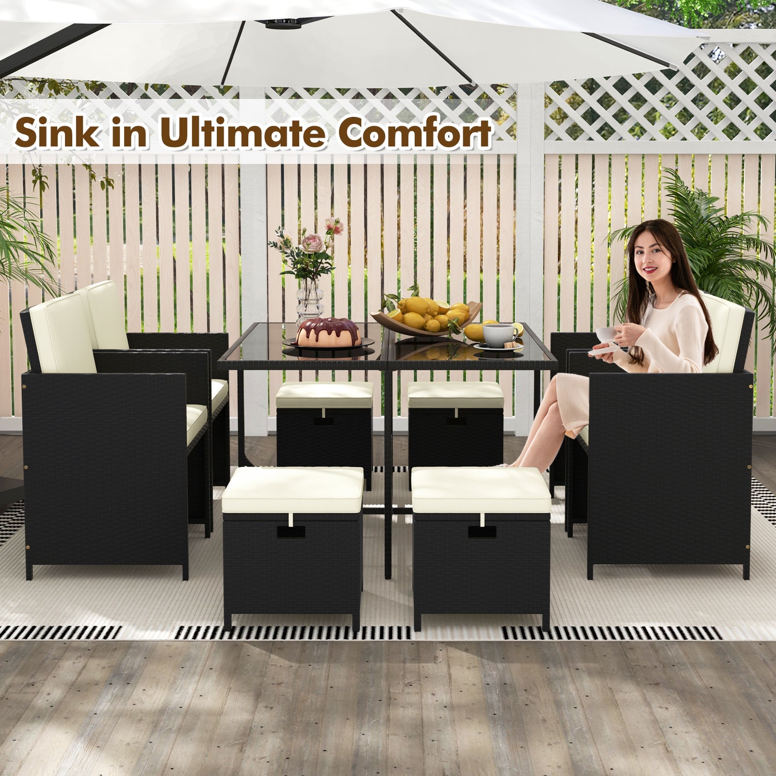 9 PCS Outdoor Dining Furniture Set with Tempered Glass Table and Ottomans-White