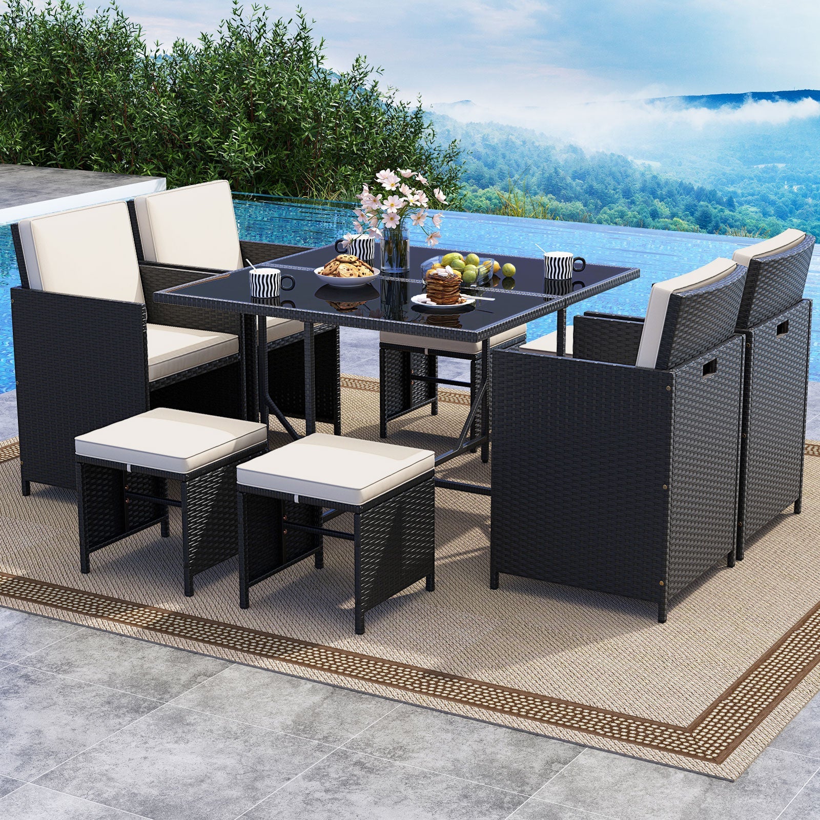 9 Piece Patio Dining Set with Tempered Glass Table and Ottoman-White