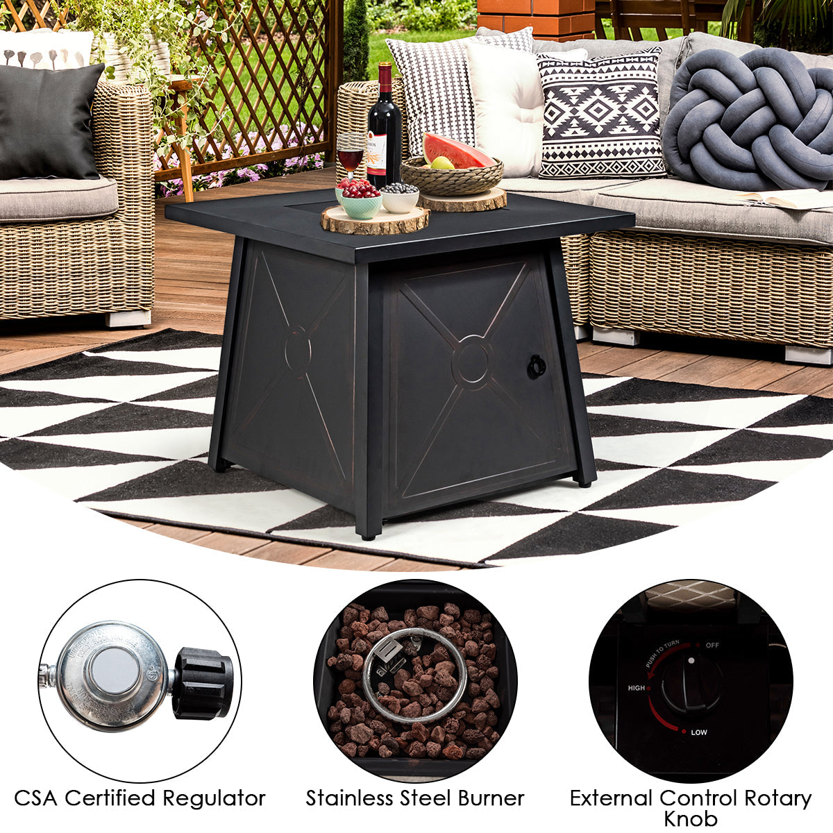 9 Piece Weatherproof Rattan Patio Conversation Set with 30 Inches Propane Fire Pit Table and Dust Covers-Gray