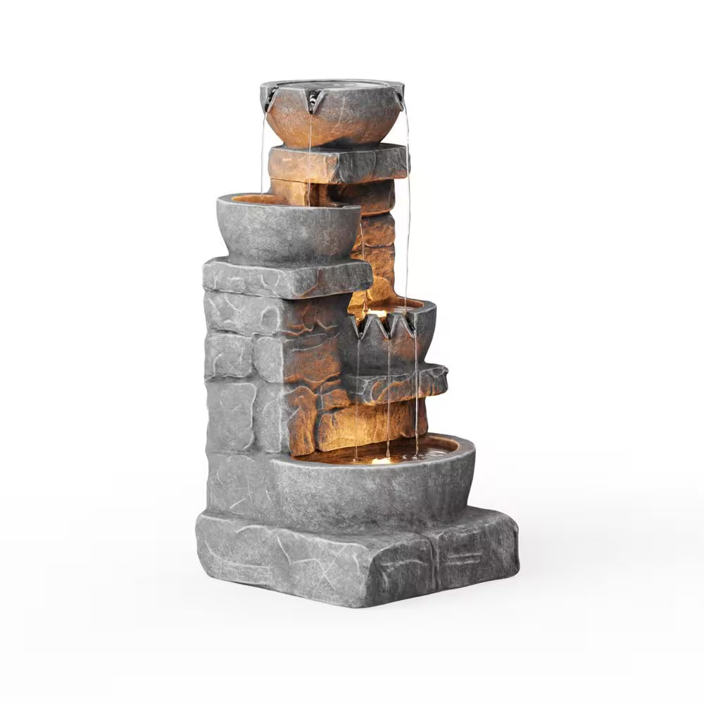 Zen Garden 33 In. Stone-Texture Polyresin Cascading Waterfall Fountain with LED Lights