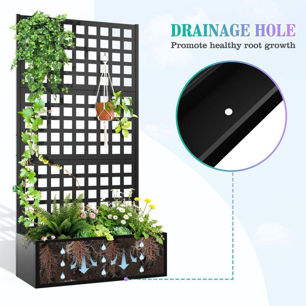 35 In. L X 16 In. W X 71 In. H Black Metal Raised Garden Planter Box Trellis-Rectangle Outdoor Pot for Climbing Plants