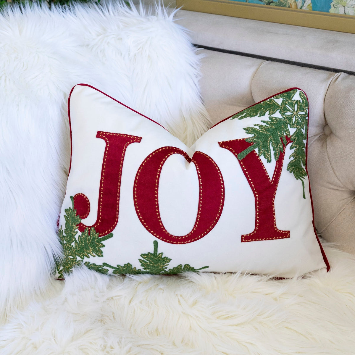 JOY Embroidered Christmas Throw Pillow with Velvet - Red and Green