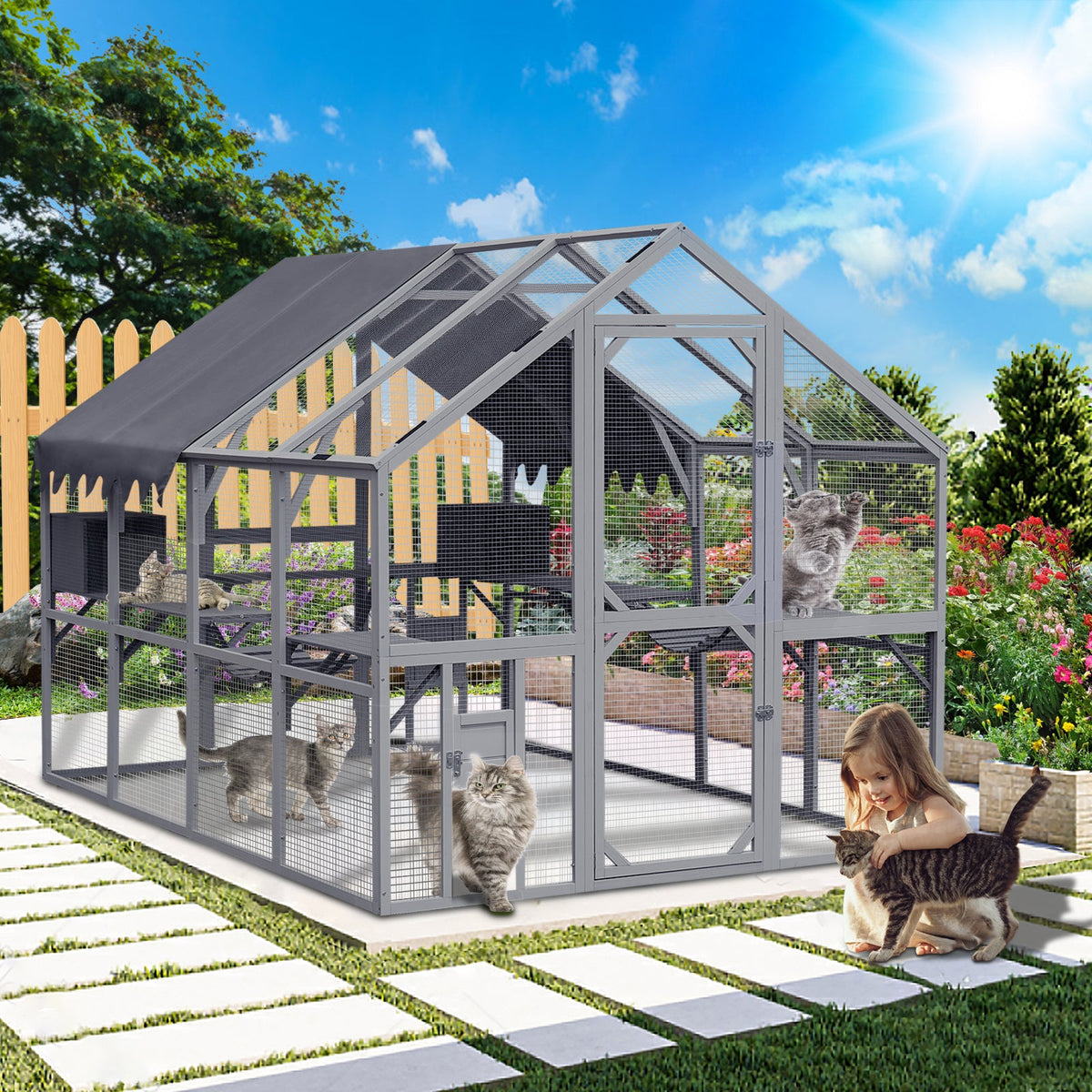 Outdoor Cat House with Weatherproof Roof and Walk-In Door - Wood