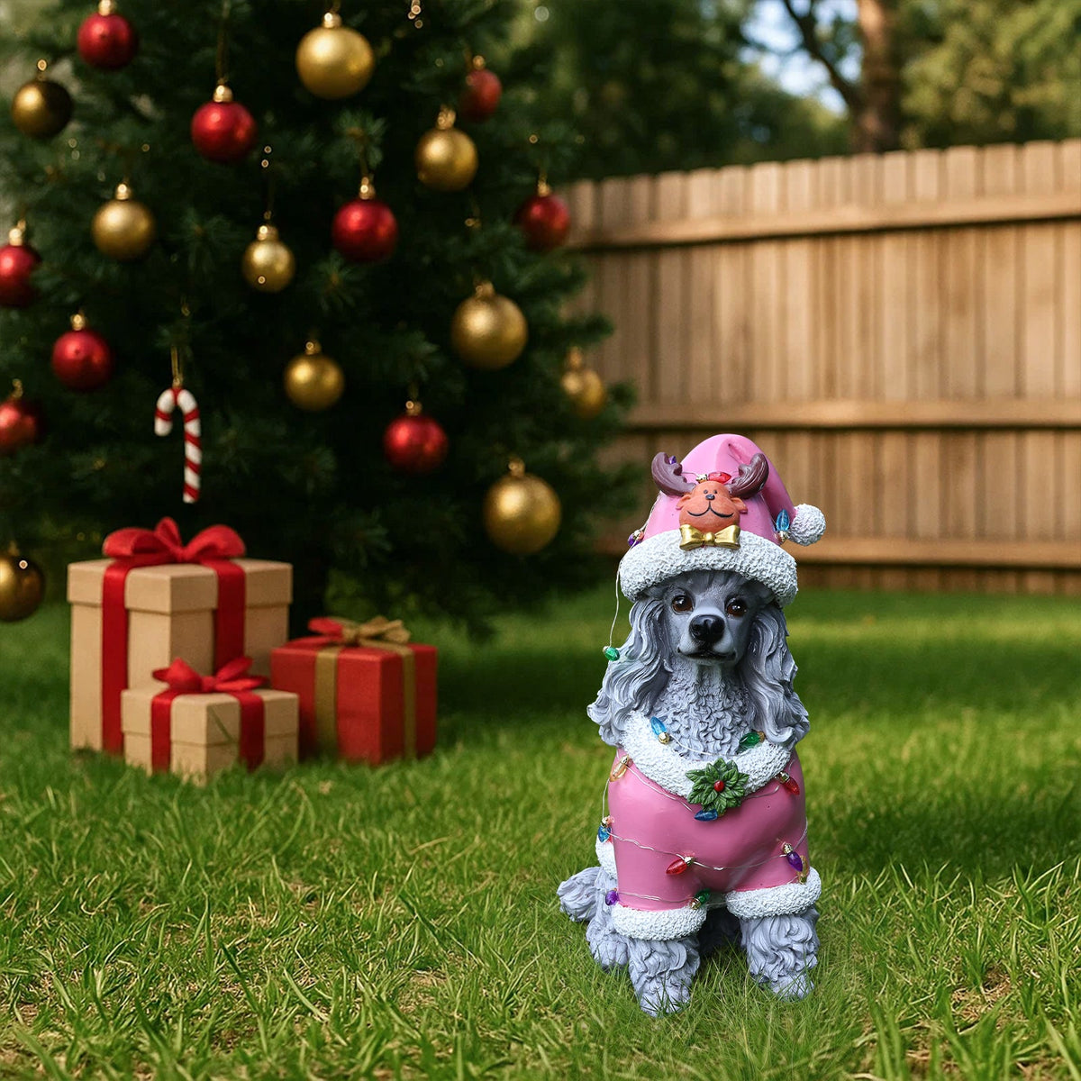 Christmas Poodle Statue with Festive Santa Outfit - Multicolor